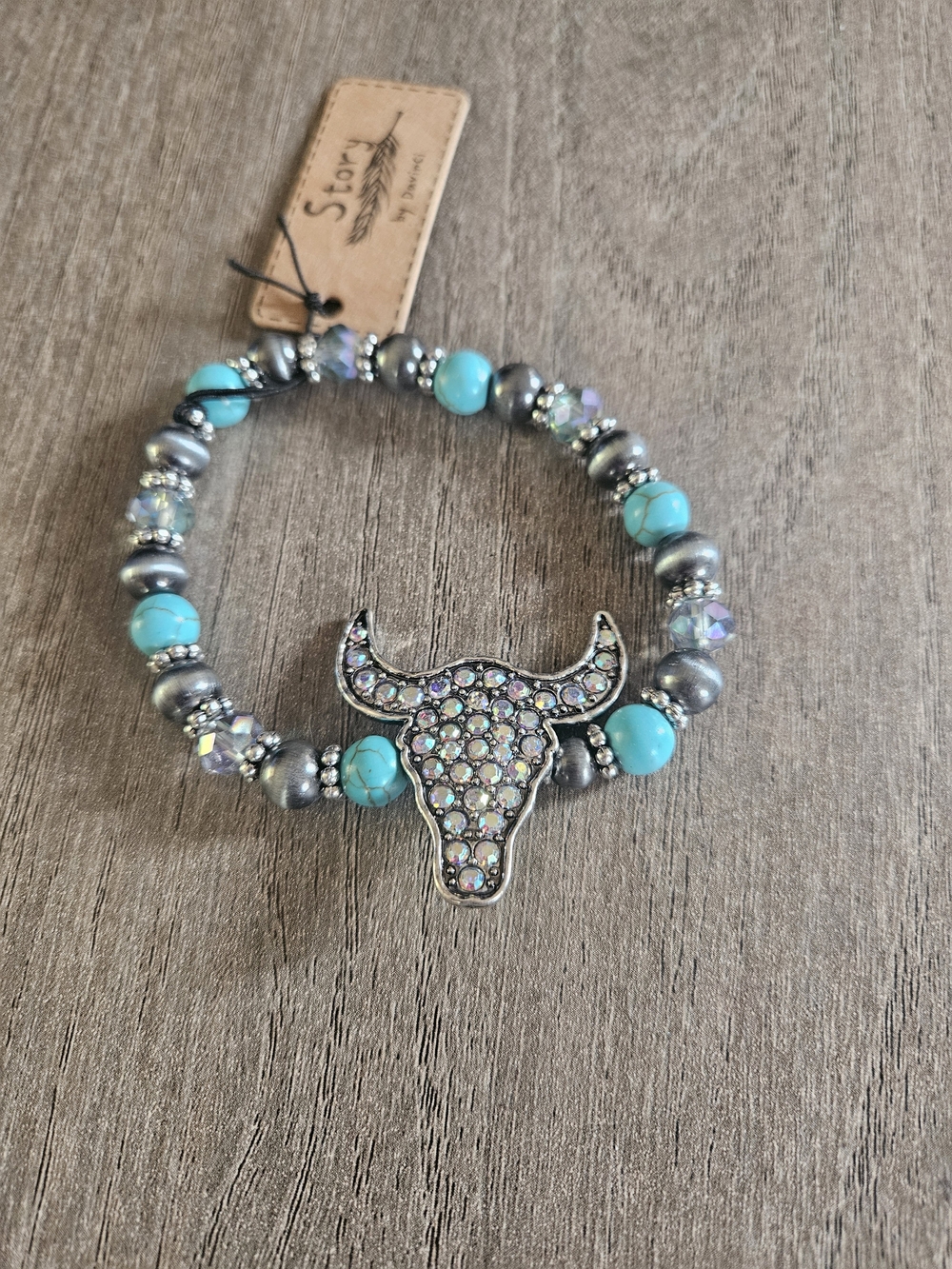 Western Turquoise & Silver Crystal Bull Bead Fashion Bracelet